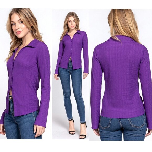 Active USA Tops - Long Sleeve Button Down Textured Knit Shirt in Purple